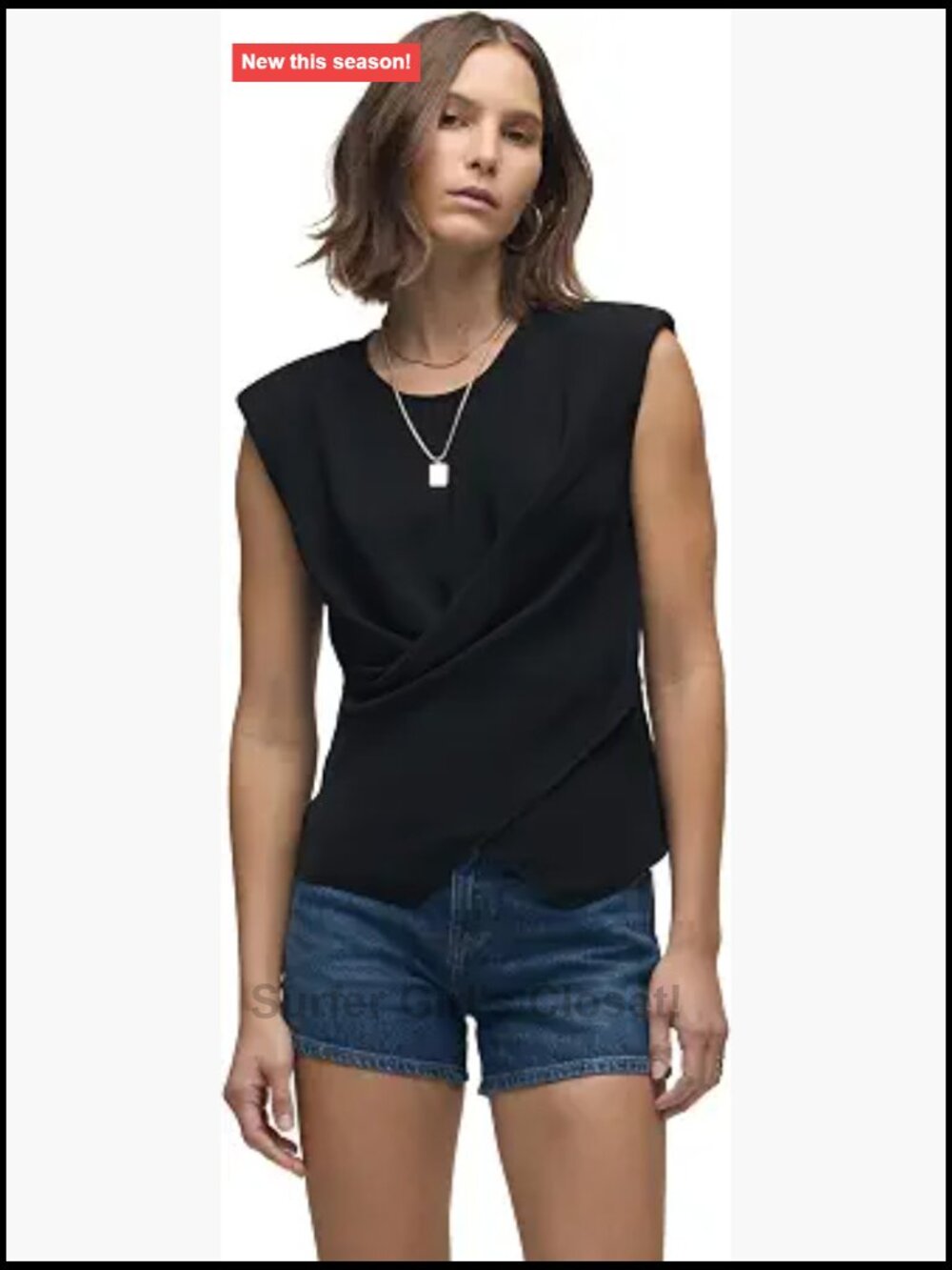 Sleeveless Cotton Wrap Top with Shoulder Pads Fitted Crew Neck